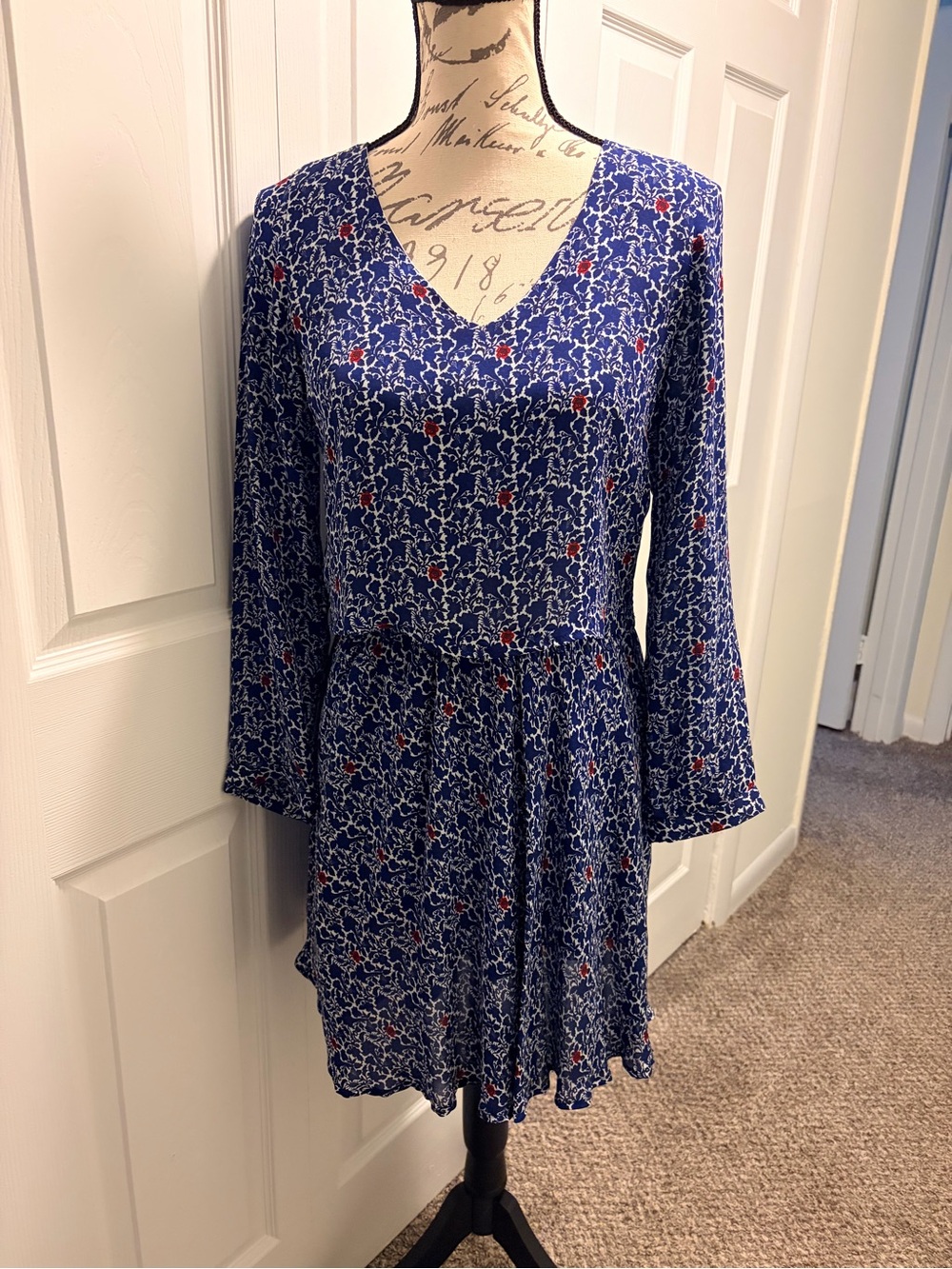 Amour Vert Blue Floral V-Neck Long-Sleeve Dress with Red Accents